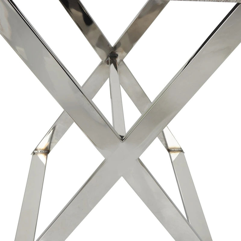 Tavolino laterale in pelle "hair-on-hide" grigia con gambe in acciaio inossidabile argentato