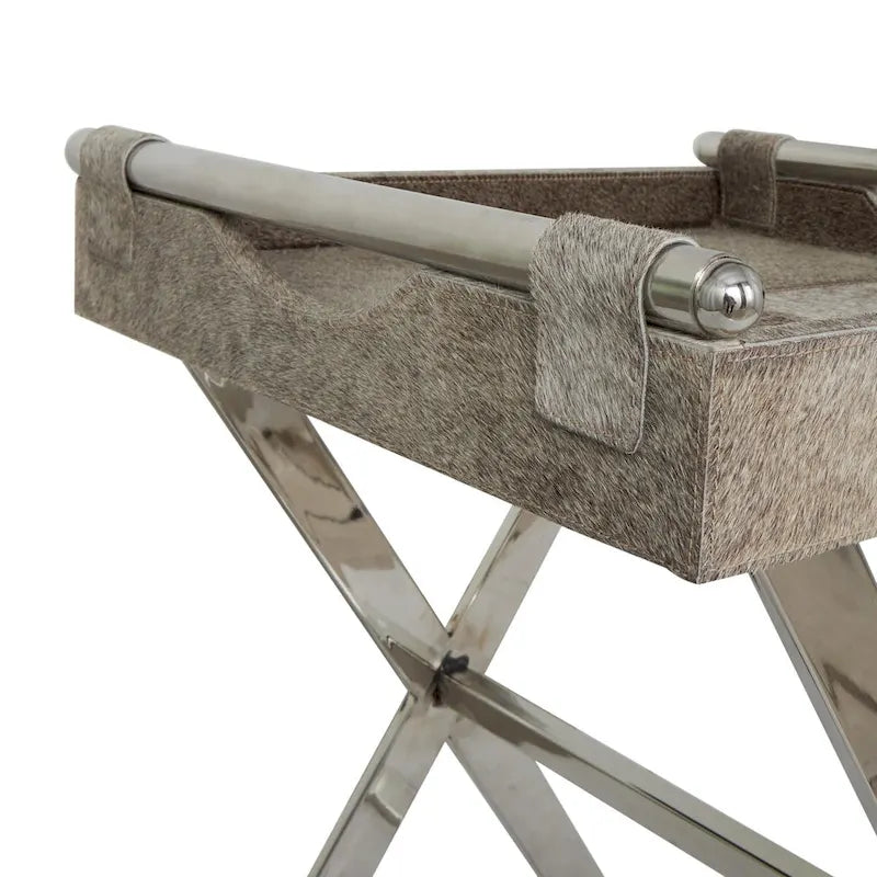 Tavolino laterale in pelle "hair-on-hide" grigia con gambe in acciaio inossidabile argentato