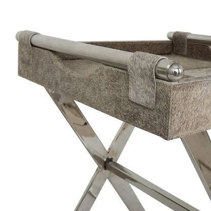 Tavolino laterale in pelle "hair-on-hide" grigia con gambe in acciaio inossidabile argentato