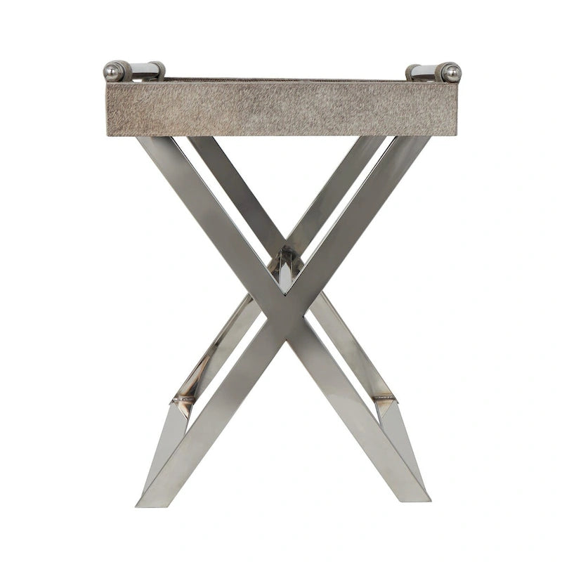 Tavolino laterale in pelle "hair-on-hide" grigia con gambe in acciaio inossidabile argentato