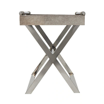 Tavolino laterale in pelle "hair-on-hide" grigia con gambe in acciaio inossidabile argentato