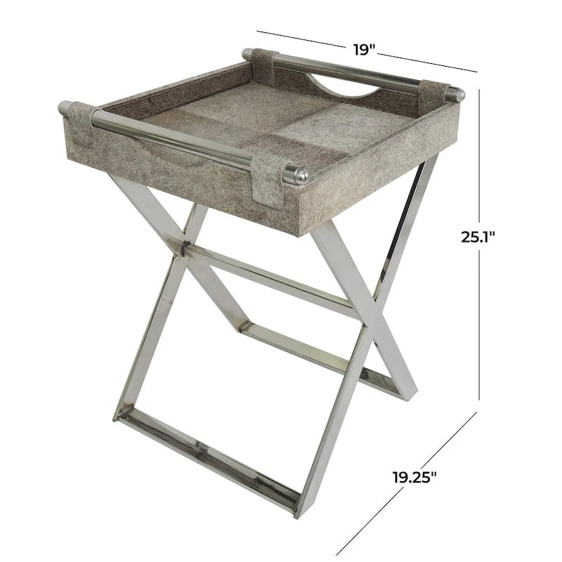Tavolino laterale in pelle "hair-on-hide" grigia con gambe in acciaio inossidabile argentato