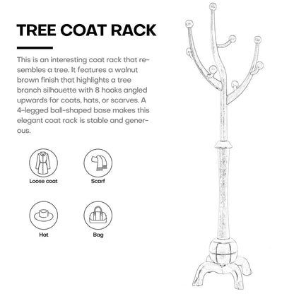 Appendiabiti da terra "ramo d'albero" in legno di gomma con 8 ganci - 24,5L x 70,87H