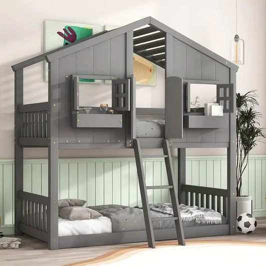 Letto a castello a casetta singolo su singolo con tetto, finestra, fioriera, porta, con sponde di sicurezza e scaletta, Grigio