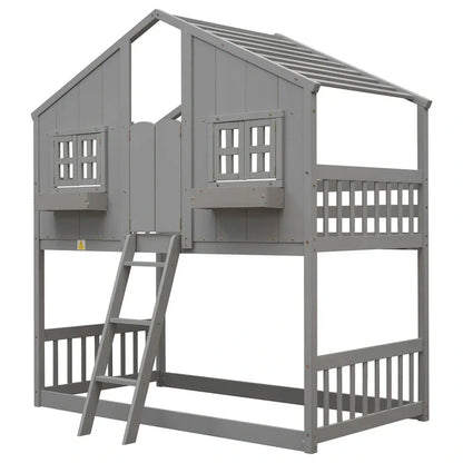 Letto a castello a casetta singolo su singolo con tetto, finestra, fioriera, porta, con sponde di sicurezza e scaletta, Grigio