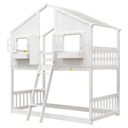 Letto a castello a casetta singolo su singolo con tetto, finestra, fioriera, porta, con sponde di sicurezza e scaletta, Grigio