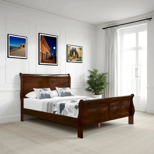 Letto tradizionale Queen a slitta, struttura in legno, finitura in ciliegio marrone intenso