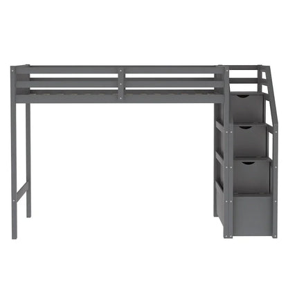 Letto a soppalco in legno per due persone con scale, sponde alte e scaletta