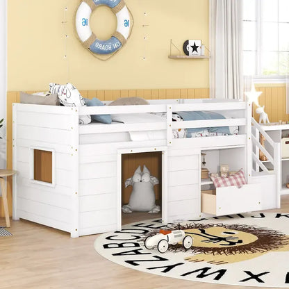 LETTO SINGOLO, LETTO A CASTELLO BASSO SINGOLO IN LEGNO MASSELLO CON SCALA, CASSETTO E SCAFFALE DI COLORE GRIGIO